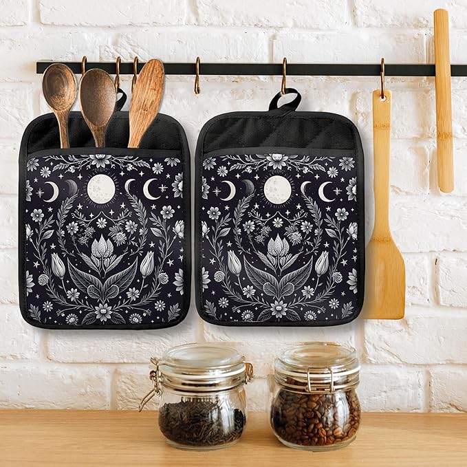 Dark Witchy Moon Phase Floral Pot Holders with Pockets, Mystical Astrology Cottagecore Flower Botanical Oven Pot Holders Heat Resistant Oven Mitts Hot Pads for Kitchen Baking Cooking