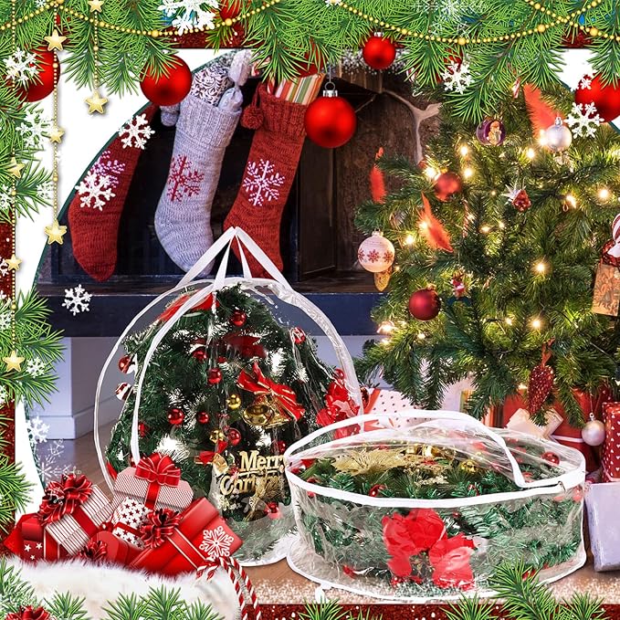 Zhengmy 10 Pcs 24 Inch Christmas Wreath Storage Bags Transparent Wreath Storage Container Bulk Wreaths Box with Dual Zippers and Handles for Xmas Holiday Wreaths Garland