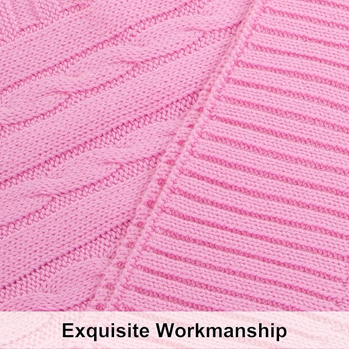NTBAY 100% Pure Cotton Cable Knit Throw Blanket, Super Soft Warm 51x67 Knitted Throw Blanket for Couch, Sofa, Chair, Bed - Extra Cozy, Machine Washable, Comfortable Home Decor, Pink