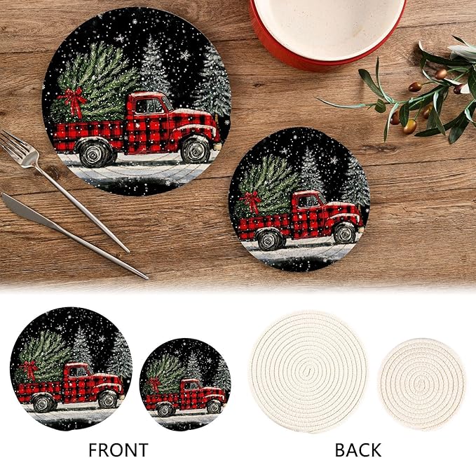 Christmas Tree Truck Trivets for Hot Dishes Pots and Pans Potholders Woven Trivet Cotton Round Large Pot Holder Decor Heat Resistant Hot Pads Mat for Table Counter Cooking Potholder Set of 2
