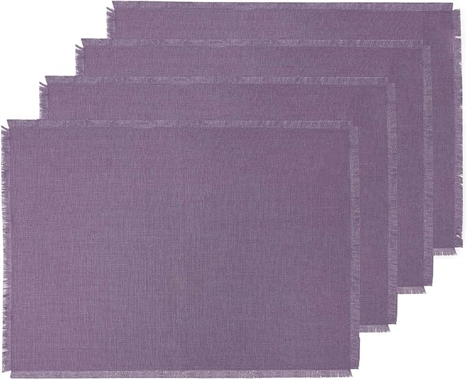 Solino Home Linen Fringe Cloth Placemats Set of 4-100% Pure Linen Mulberry Placemats 14 x 19 Inch for Valentines, Spring, Easter