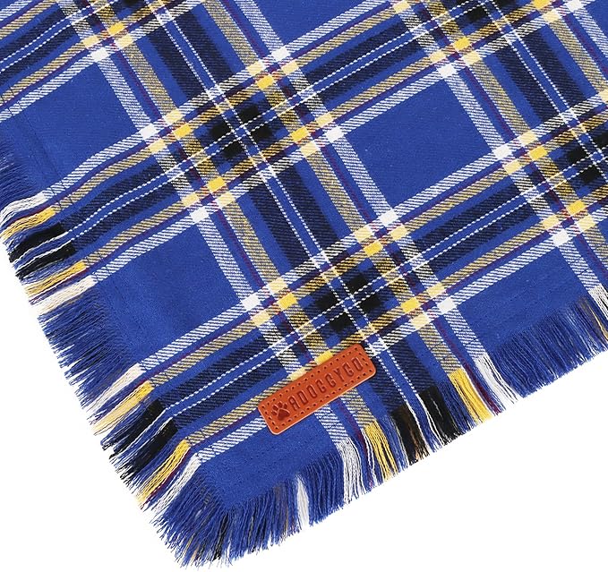ADOGGYGO Dog Bandanas Boy with Tassels Edges, Stylish Blue Plaid Pet Scarf, Soft Cotton Fabric, Adjustable Reversible Plaid Bandanas for Small Dogs (Small)