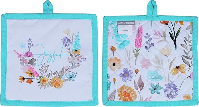 AMOUR INFINI Pot Holders Heat Resistant Cotton Set of 2 Nonslip 8"x8" Inch Hot Pads for Kitchen, BBQ, Baking & Cooking with Hanging Loops (Joyful Floral)
