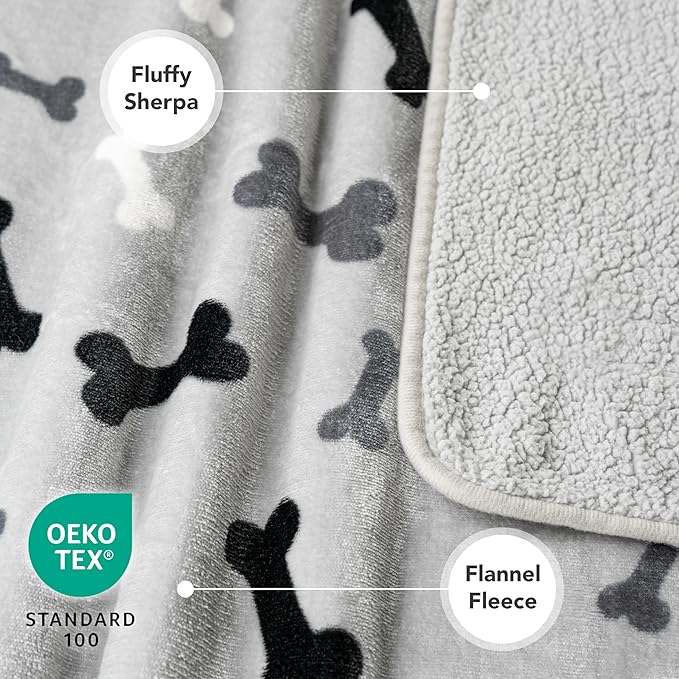 PetAmi Waterproof Dog Blanket Sherpa Fleece, Pet Medium Large Dogs, Reversible Cat Throw Bed Couch Sofa Furniture Protector, Soft Plush Microfiber (Large 40x60, Bone Print Gray), (40x60)