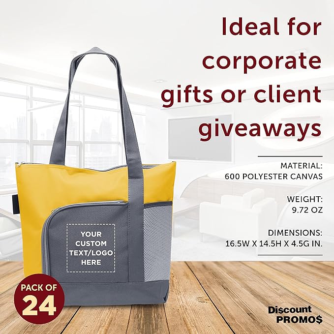 DISCOUNT PROMOS Custom Go Getter Sport Tote Beach Bags Set of 24, Personalized Bulk Pack - Reusable, Great for Shopping, Beach, Picnic, Other Outdoor Adventure - Yellow