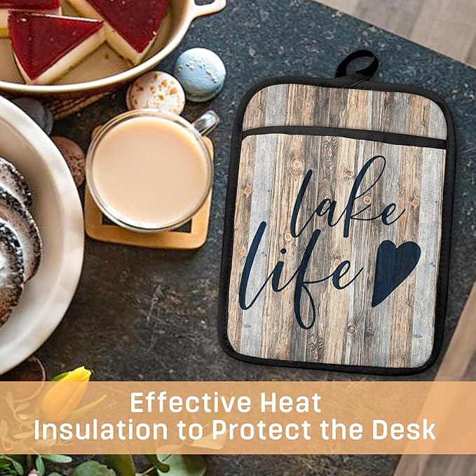 Lake Life Gifts Pot Holders with Pockets, Lake Life House Gifts for Cabin Owners Women Oven Pot Holders Heat Resistant Oven Mitts Hot Pads for Kitchen Baking Cooking
