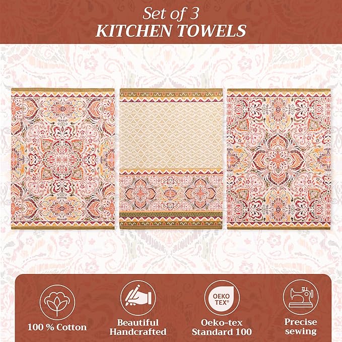 Maison d' Hermine Kitchen Towels Set of 3 100% Cotton 20" x 27.5" Reusable Cloth Tea Dish Towels Absorbent with Hanging Loop for Kitchen Dining Thanksgiving Christmas Decorations (Damask)