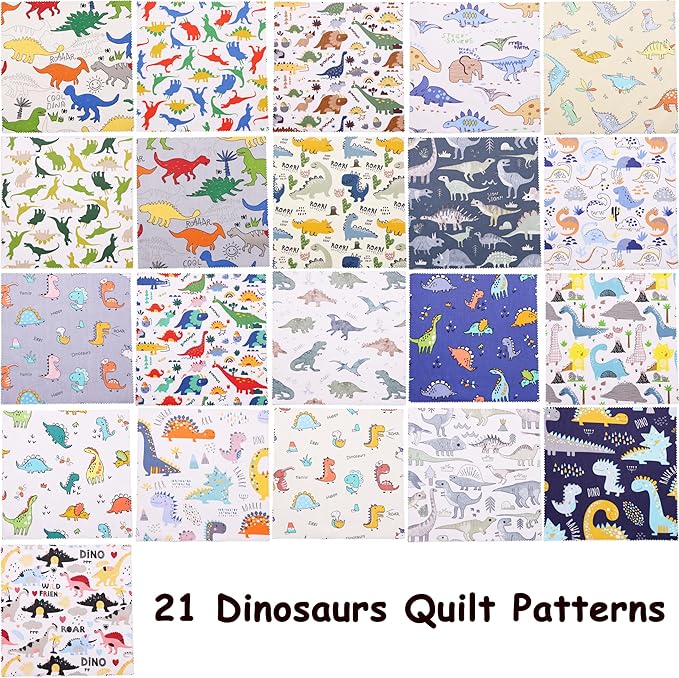 Hanjunzhao 84Pcs Dinosaur Cotton Fabric Squares 5x5, Charm Packs for Quilting 5 inch, Precuts 5x5 Quilt Squares for Quilting, Sewing, Baby Boy Blanket, Home Decor, and Crafts, Cartoon Dinosaurs