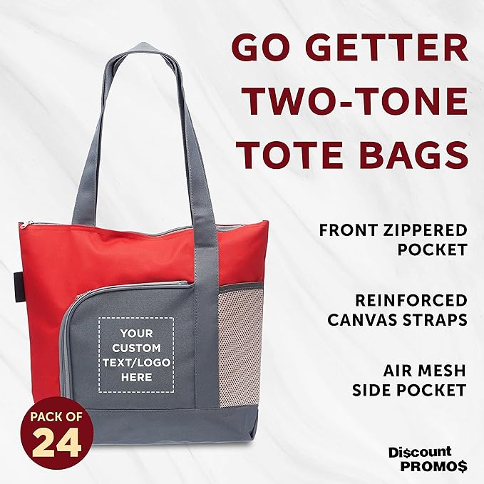 DISCOUNT PROMOS Custom Go Getter Sport Tote Beach Bags Set of 24, Personalized Bulk Pack - Reusable, Great for Shopping, Beach, Picnic, Other Outdoor Adventure - Red
