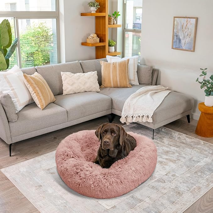 Best Friends by Sheri Original Calming Donut Dog and Cat Bed, Shag Faux Fur, Dusty Rose, (36in x 36in) - Anxiety Relief for Pets Up to 100 lbs