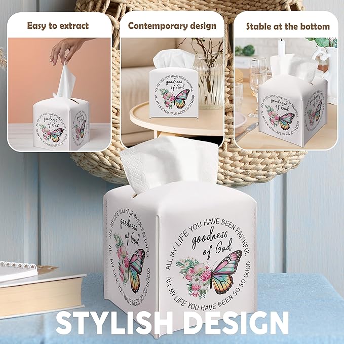 Butterfly Decorative Tissue Box Cover Square, Leather Tissue Box Dispenser, Christian Inspirational Quote Gift Ideas for Friends, Goodness of God, Bathroom Office Decor-(5.2 Inches)