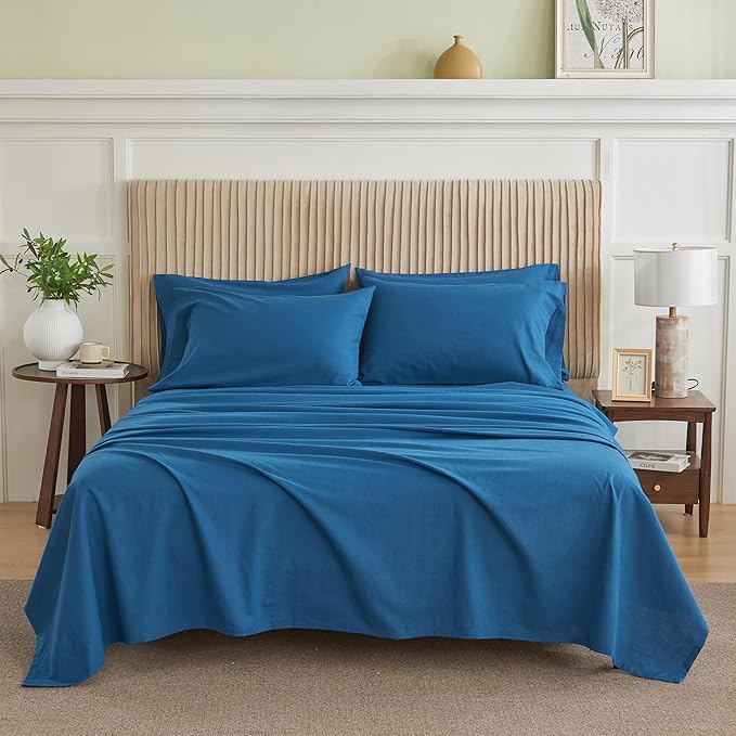 Simple&Opulence Belgian Linen Sheet Set Solid Color - 6 Pieces (1 Flat Sheet & 1 Fitted Sheet & 4 Pillowcases) 16" Deep Pocket Natural Flax Cotton Blended Soft Bedding - Navy Blue, Queen Size