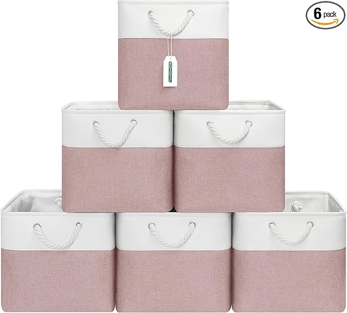 ECDYQXVU 13x13 Inch Cube Storage Bins with Reinforced Bottom Cardboard, 6 Pack Large Foldable Fabric Storage Cubes with Handles for Shelf, Closet, Laundry Organization (White&Pink)