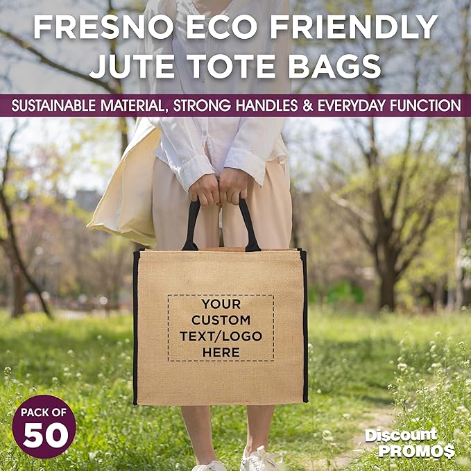 DISCOUNT PROMOS Custom Fresno Eco Friendly Jute Tote Bags Set of 50, Personalized Bulk Pack - Reusable, Great for Tradeshows, Grocery, Shopping and Outdoor Events - Black