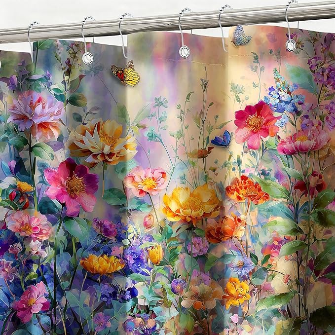 mutakin Wildflower Shower Curtain Colorful Flower Butterfly Shower Curtains for Bathroom Waterproof Fabric Bath Curtain Decor with Hooks