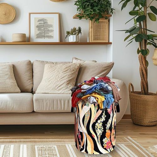 Abstract Flowers Laundry Hamper Oxford Cloth Folk Floral Art Laundry Basket With Handle Portable Clothes Storage Basket Foldable Colorful Laundry Bag 18.9"x16.5" For Laundry Room/Bedroom/Bathrooms