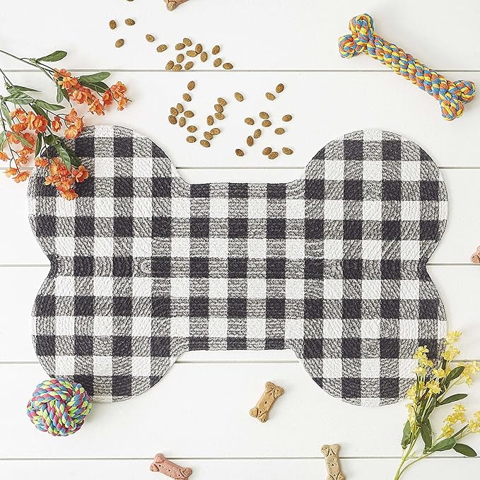 DII Braided Pet Mat Collection 100% Cotton, Bone Shape, Black/White Buffalo Check