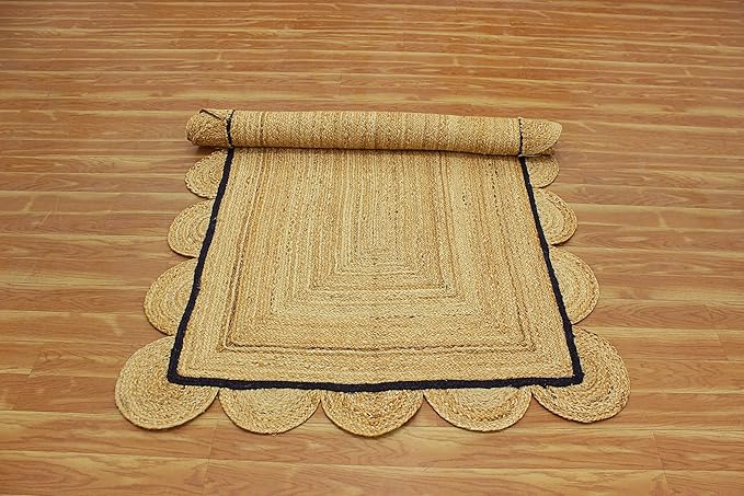 Scalloped Edge Rug, Hand Woven Natural Jute Area Rug, 2x3 Ft Beige & Black Braided Sisal Kilim Rugs for Living Room, Kitchen, Entryway, Farmhouse