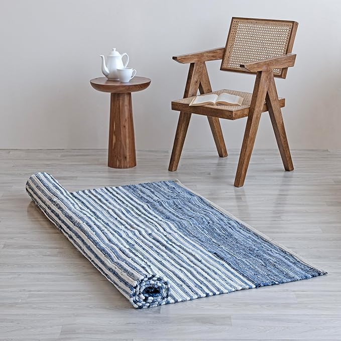 HOMEMONDE Denim Rag Rug 3'x5' Blue Recycled Soft Cotton Chindi Hand Crafted Reversible Boho Rugs for Bedroom, Living Room, Kitchen, Entyrway