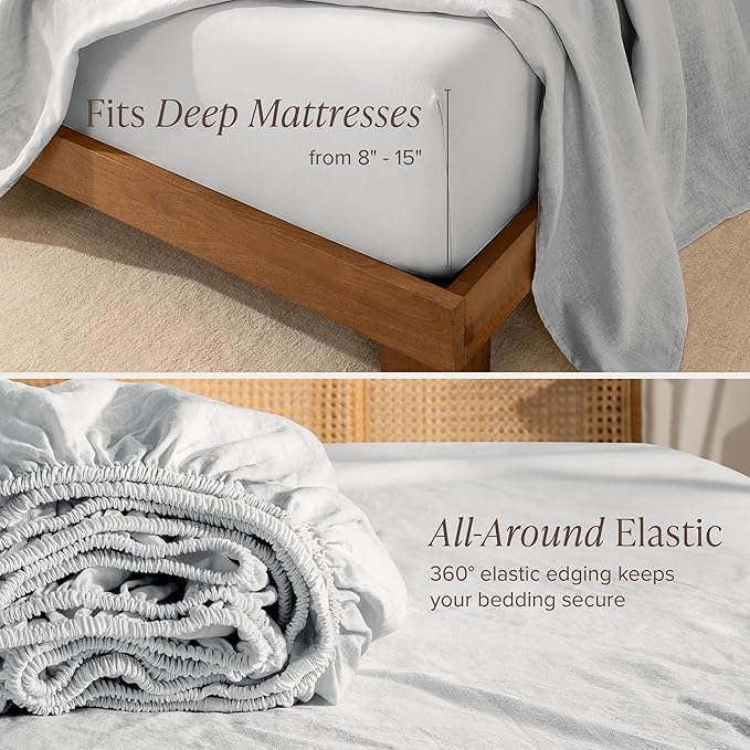 Bare Home Queen Sheet Set - Luxury 100% Linen Bed Sheets - Deep Pockets - Easy Fit - 4 Piece Set - Bedding Sheets & Pillowcases (Queen, Glacier Grey)