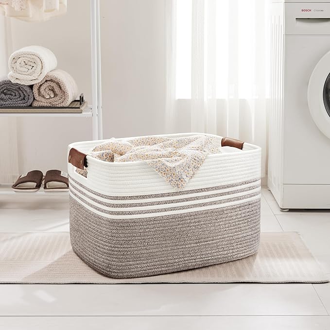 SunNewt 86L Extra Large Laundry Basket with Leather Handles for Living Room Storage, Woven Rope Baskets for Blanket, Kids Toy, Gifts, Wicker Hamper for Bedroom Dirty Clothes, 24"x16"x14" Dark Brown