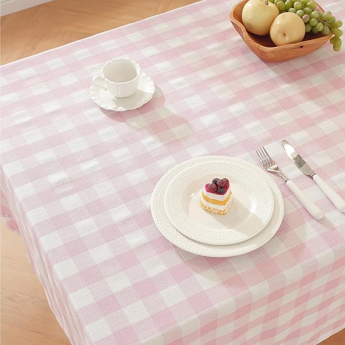 Alsoo Gingham Tablecloth Rectangle Checkered Table Cloth Cotton Linen Fabric Wrinkle Free Washable Buffalo Plaid Table Cover for Kitchen Dining Picnic Camping, Pink and White, 60 * 75 inch