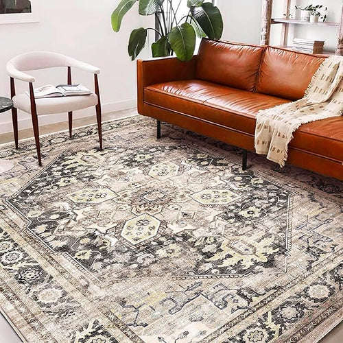 Area Rug 6'x9' Black-Purple Khaki Washable Vintage Traditional Floor Cover Thin Retro Kitchen Indoor Distressed Non Slip Carpet for Living Room Bedroom Dining Room