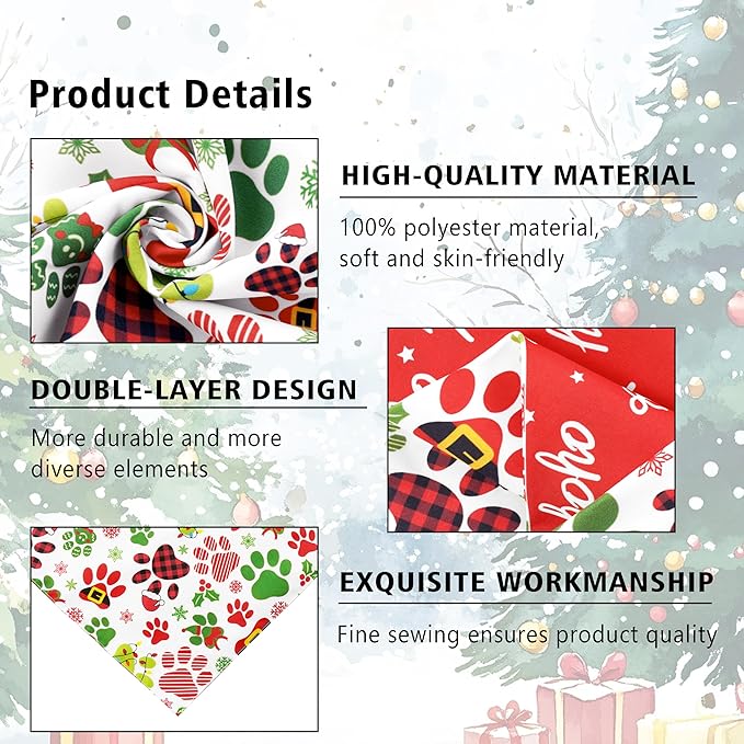 Christmas Dog Bandanas Reversible 2 Pack Small, Cute Santa Claus Dog Paw Tree Snowman Christmas Pet Bandanas Set Adjustable Triangle Winter Xmas Holiday Scarves for Small Medium Boy Girl Dogs