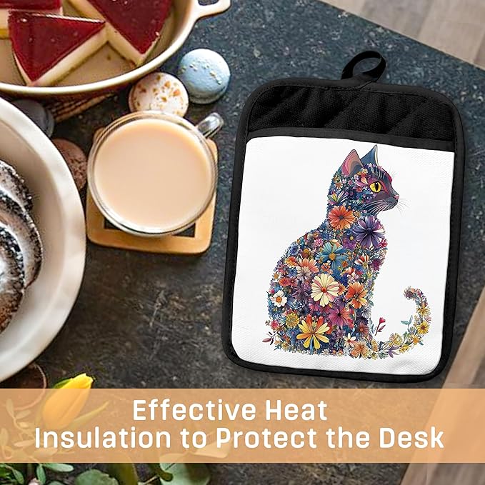 Flower Cat Pot Holders with Pockets, Cat Kitchen Decor, Aesthetic Floral Kitten Kitty Oven Pot Holders Heat Resistant Oven Mitts Hot Pads for Kitchen Baking Cooking