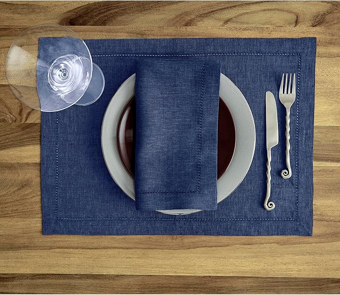 Solino Home Linen Cloth Placemats Set of 4-100% Pure Linen Hemstitch Chambray Navy Placemats 14 x 19 Inch - Milan Hemstitch Table Place Mats for Winter