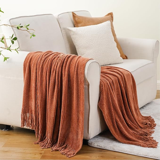 BATTILO HOME Rust Orange Throw Blanket for Couch, Soft Chenille Knit Throws with Tassels for Home Decor, Spring Caramel Throws for Couch Cover, 50"x60"