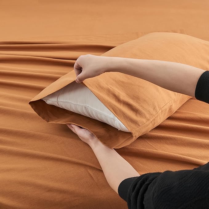 Simple&Opulence Belgian Linen Sheet Set Solid Color - 4 Pieces (1 Flat Sheet, 1 Fitted Sheet & 2 Pillowcases) Natural Flax Cotton Blend Soft Breathable Farmhouse Bedding - King Size, Rust