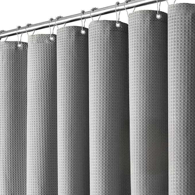 Inhousolu Fabric Shower Curtain Waffle Weave, 230 GSM Heavy Duty, Weighted Hem, 14 Metal Hooks, Water Repellent, Machine Washable, Hotel Spa Luxury Bath Curtain Set, 72 x 84 Inch, Grey