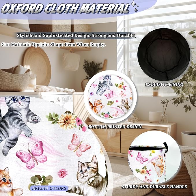 Cute Cats Butterfly Laundry Hamper Foldable Oxford Cloth Animal Floral Flowers Laundry Basket With Handle Portable Clothes Storage Basket Laundry Bag 18.9"x16.5" For Laundry Room/Bedroom/Bathrooms