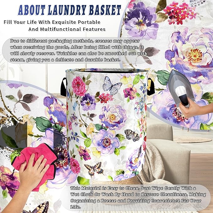 Beautiful Butterfly Floral Laundry Hamper Foldable Oxford Cloth Colorful Flowers Laundry Basket With Handle Portable Clothes Storage Basket Laundry Bag 18.9"x16.5" For Laundry Room/Bedroom/Bathrooms