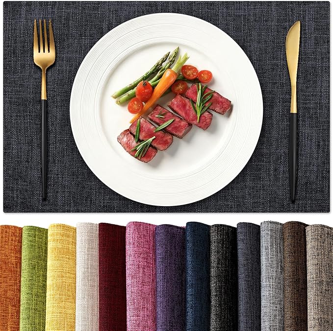 KXN Placemats Set of 4, Dual-Layer Thickened Faux Linen Table Mats, Heat Resistant & Wrinkle-Free, Machine Washable Cloth Place Mats for Kitchen Dining Indoor Outdoor (Dark Gray)