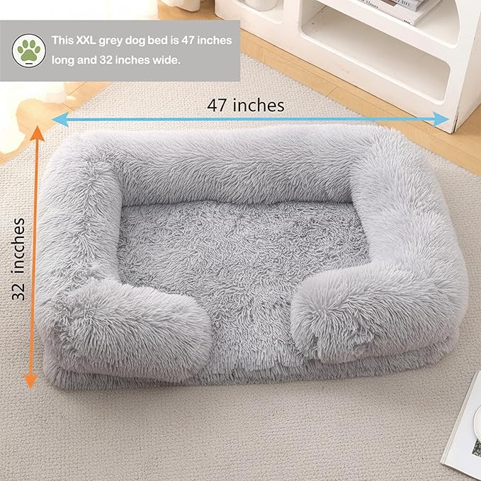 CareCooo Orthopedic Dog Bed for XXL Dogs - Washable Memory Foam Pet Sofa, Fluffy Plush Rectangular Bed, Waterproof Anti-Anxiety Couch, Light Gray, XXL