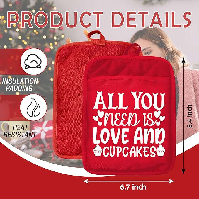 Red Christmas Pot Holders with Pockets, All You Need is Love and Cupcakes Christmas Holiday Oven Pot Holders Heat Resistant Oven Mitts Hot Pads for Kitchen Baking Cooking