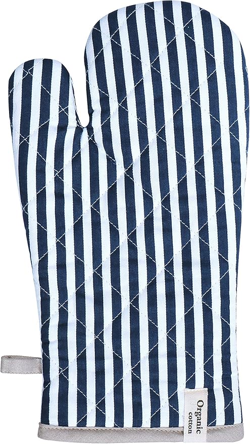 AMOUR INFINI Striped Pot Holders and Oven Mitts Heat Resistant Non Slip Reusable Set of 1 Oven Mitt and 1 Pot Holder Oven Gloves Pot Holder for Cooking (Blue)