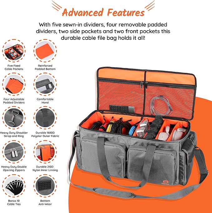 ASEG Gear Heavy Duty - DJ Cable Bag Organizer with Detachable Dividers – Travel Gig Bag – Case for Equipment - Music Equipment & Accessories - Heavy Duty Exterior & Padded Nylon Interior