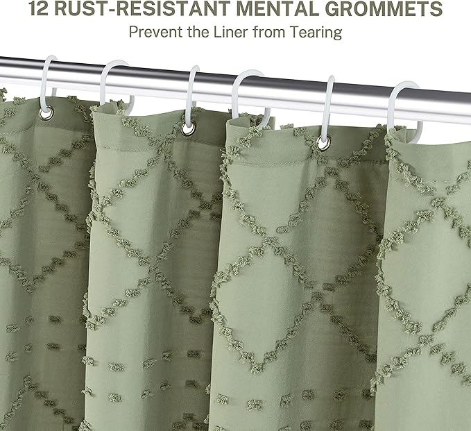 Siiluminisoy Extra Long Sage Green Boho Shower Curtain Woven Fabric Cute Shower Curtain, 72 x 78 Tufted Chevron Textured Striped Modern Farmhouse Minimalist Cloth Shower Curtains for Bathroom