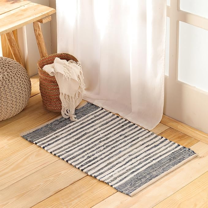 HOMEMONDE Denim Rag Rug 20"x32" Blue Recycled Soft Cotton Chindi Hand Crafted Reversible Boho Rugs for Entyrway, Doormat, Kitchen, Bedroom, Living Room