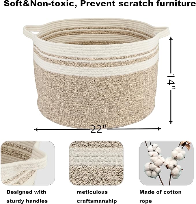 XUANGUO Large Cotton Rope Basket Blankets Basket Living Room 22"x14" Toy Baskets for Kids Rope Storage Basket for Nursery Woven Laundry Baskets for Clothes Towels Baby Toy Storage round white brown