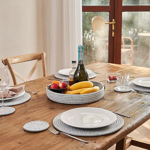 Art PineCone's Woven Cotton Rope Round Placemats Set of 4 with Holder Included, Non-Slip, and Heat Resistant Shabby Chic Placemats (Heather Gray, 13 inch Plus Coaster)