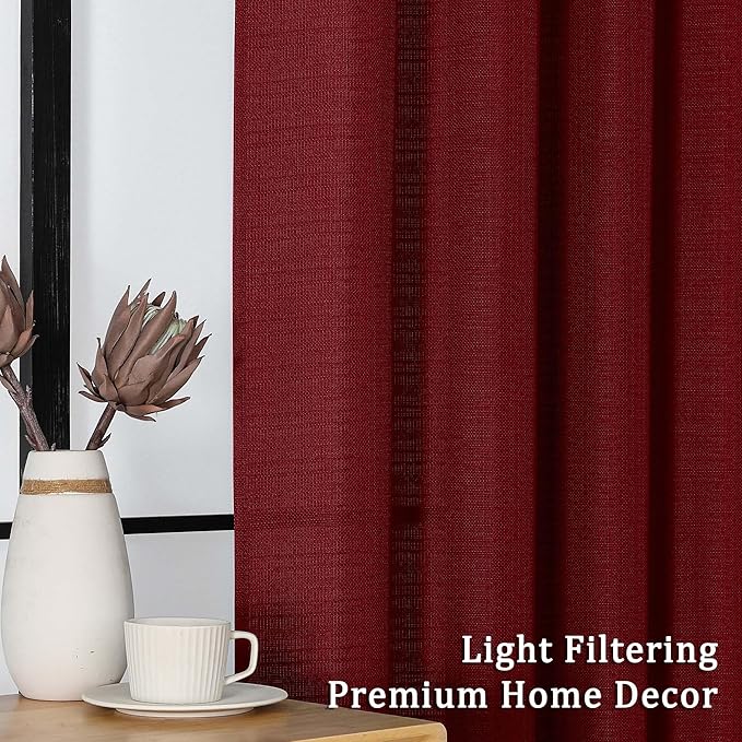 Lecloud Bessie Red Curtains 45 Inch Length 2 Panels Set, Airy Faux Linen Textured Light-Filtering Christmas Soft Curtains, Rod Pocket Window Treatments for Bedroom Living Room, Each 30" W x 45" L