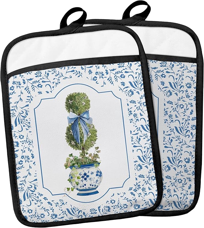 Blue and White Chinoiserie Floral Pot Holders with Pockets, Blue Coquette Bow Porcelain Floral Pot Holders Heat Resistant Oven Mitts Hot Pads for Kitchen Baking Cooking,Potholders for Kitchens
