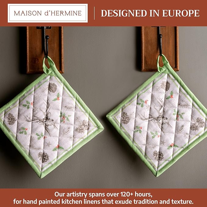 Maison d' Hermine Pot Holders Set 100% Cotton Heat Resistant Potholders 8" x 8" Hot Pads with Loop for Thanksgiving Christmas Decorations BBQ Baking Handling Hot Pans (Pack of 2, Christmas Dew)