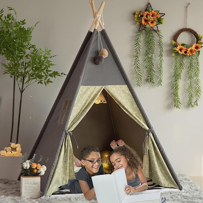 TreeBud Teepee Tent for Kids Stripe Padded Mat Foldable Dark Tone Grey Play Tents for Girl and Boy with Carry Case Wooden Pole Printing Canvas Tepee Playhouse for Child Indoor Outdoor