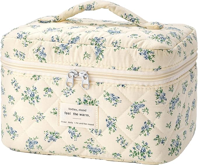 HBselect Christmas Gifts Large Quilted Makeup Bag, Cute Cotton Travel Makeup Bag with Handle, Portable Coquette Floral Make up Bags, Toiletry Organizer Make up Bags for Women Teen Girls Mom