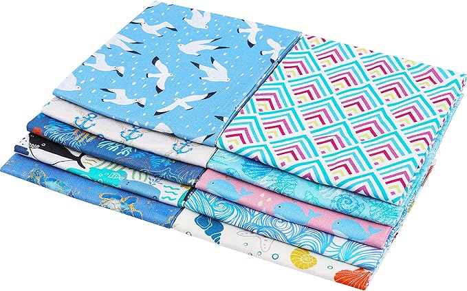 Craftido -25 Options- 100% Cotton Quilting Fabric Bundles 10pcs Fat Quarters 18”x21”-Medium Weight 5.2 oz- Soft Cotton for Quilting, Sewing Project, Patchwork, DIY Crafts – Blue Sea